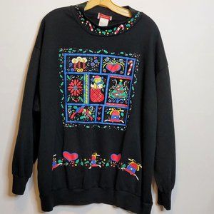 Vintage Christmas Sweatshirt Young Stuff Puffy Design Bright Colors Sz XL Black